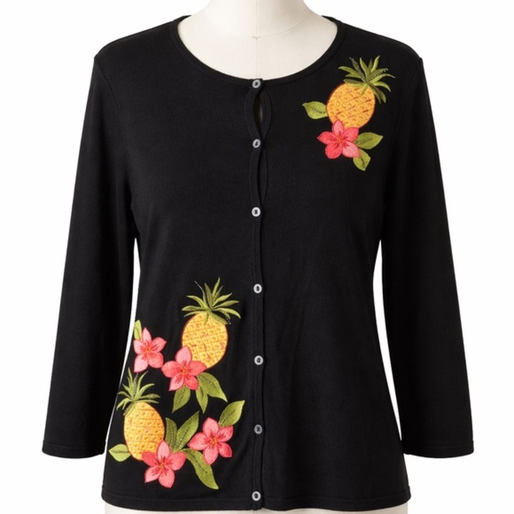 Vintage Y2K Black Pineapple Hibiscus Embroidered Applique Cardigan Sweater Sz S